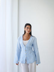 Waistline Linen Top - Baby Blue