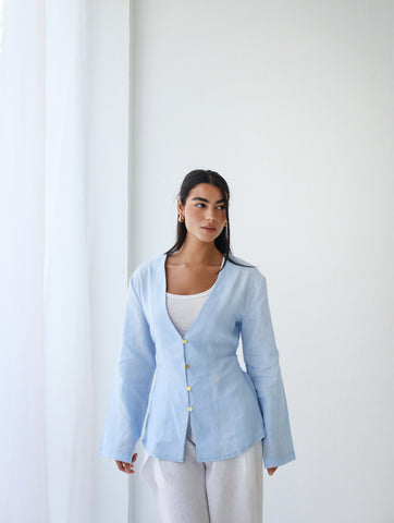 Waistline Linen Top - Baby Blue