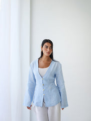Waistline Linen Top - Baby Blue
