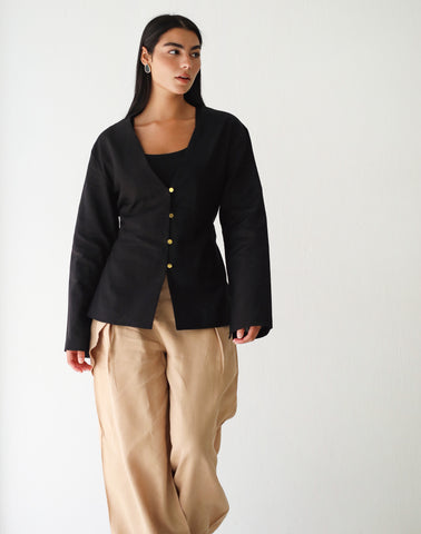 Waistline Linen Top - Black