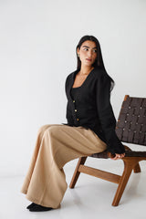 Waistline Linen Top - Black