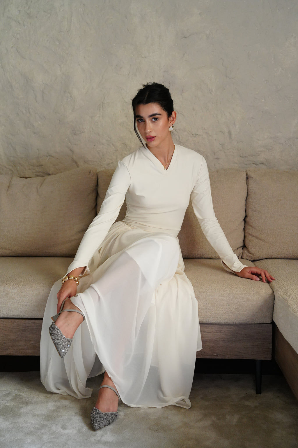V-Waist Maxi Dress - Creme