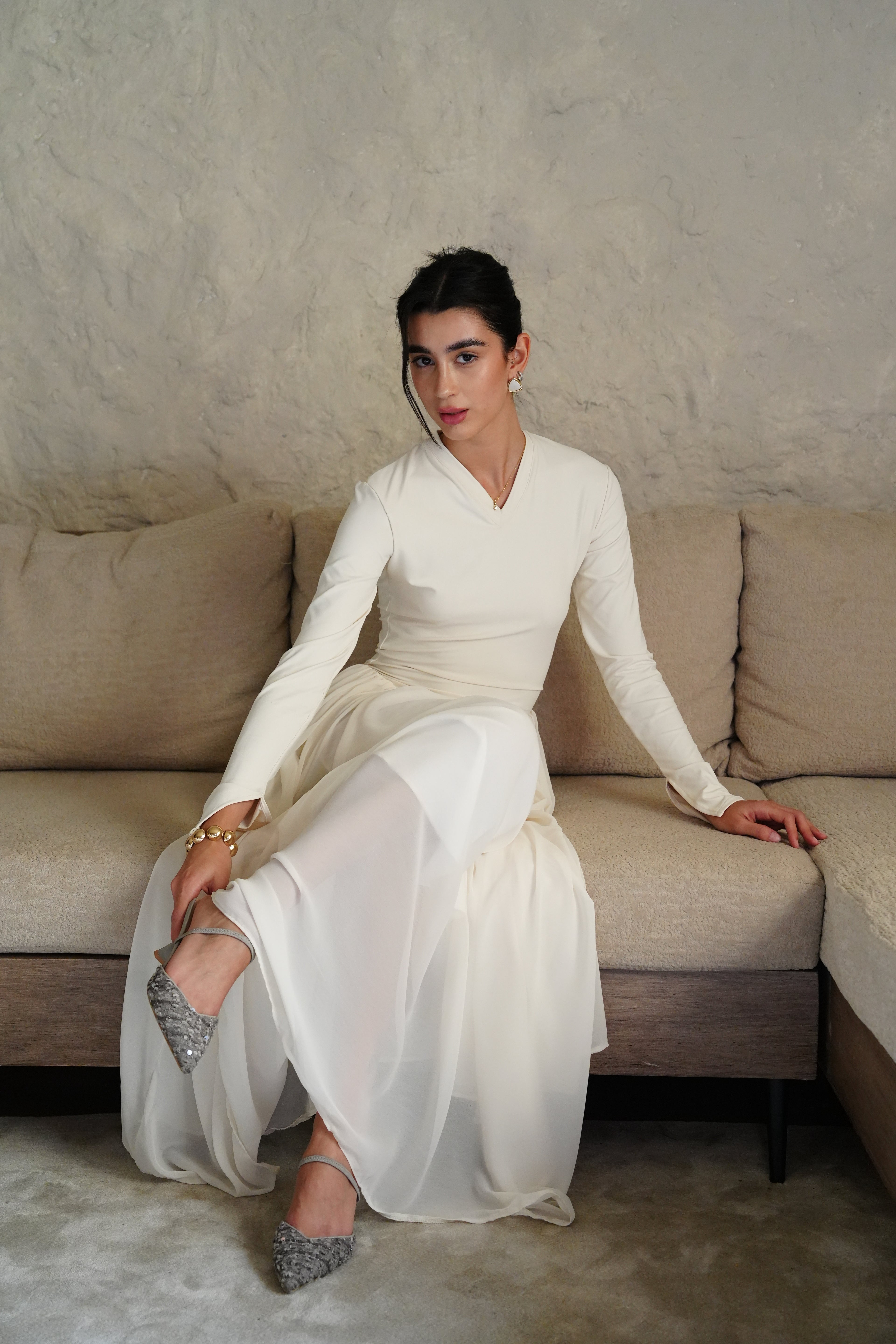 V-Waist Maxi Dress - Creme