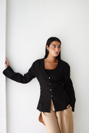 Waistline Linen Top - Black