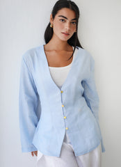 Waistline Linen Top - Baby Blue