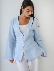Waistline Linen Top - Baby Blue
