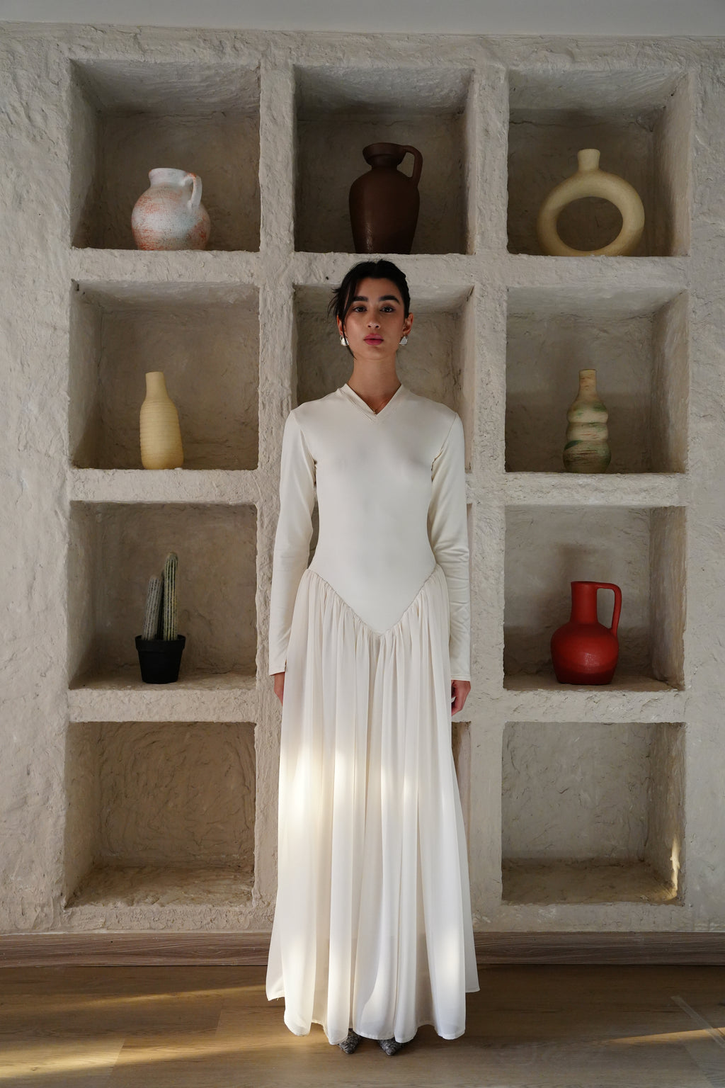 V-Waist Maxi Dress - Creme