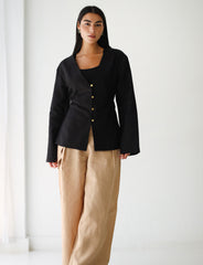 Waistline Linen Top - Black