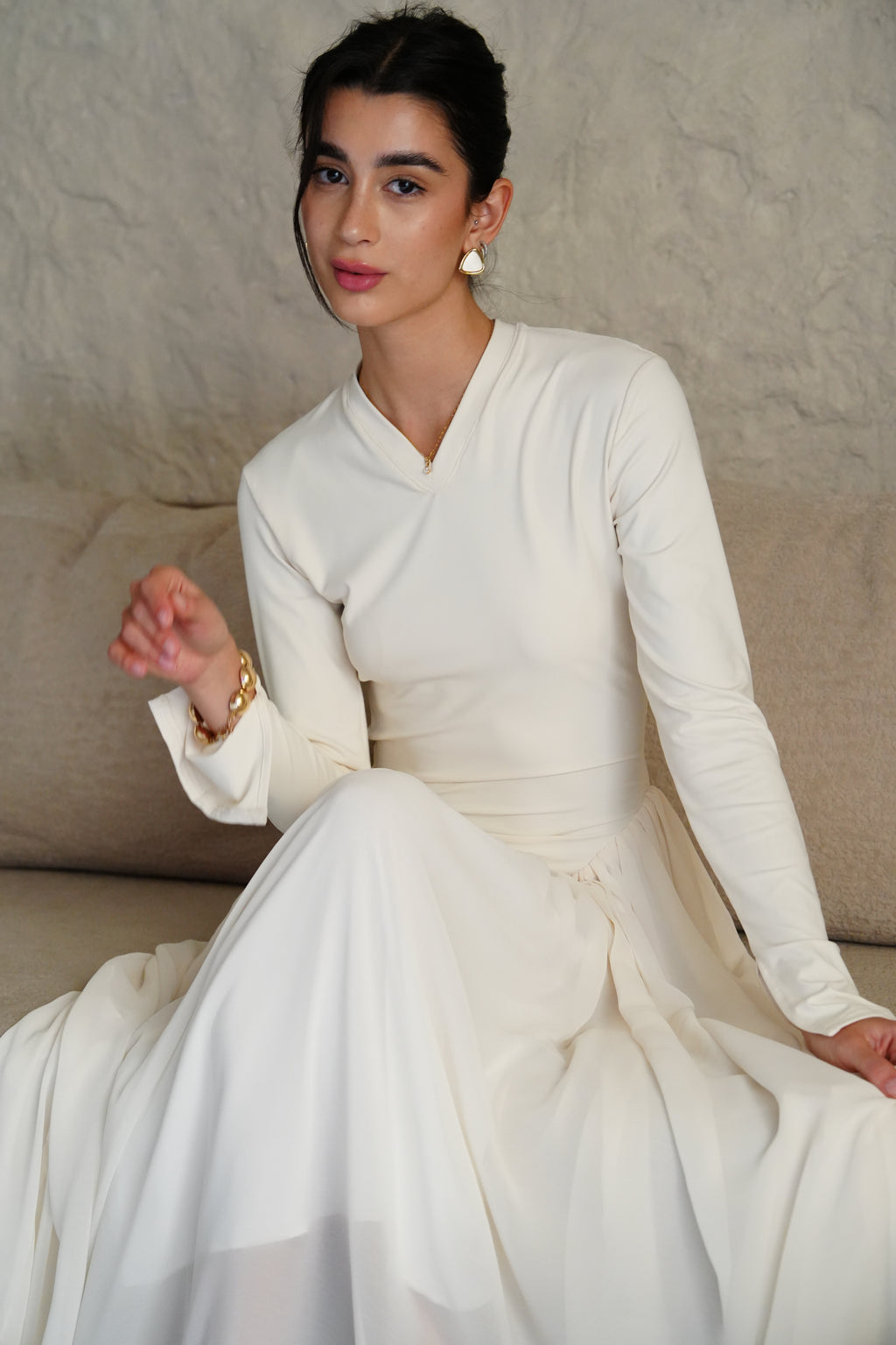 V-Waist Maxi Dress - Creme