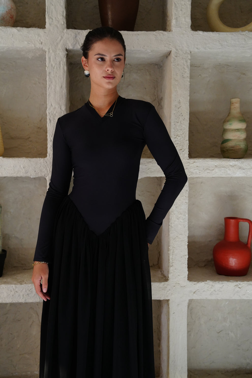 V-Waist Maxi Dress - Black