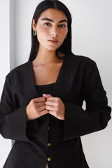 Waistline Linen Top - Black