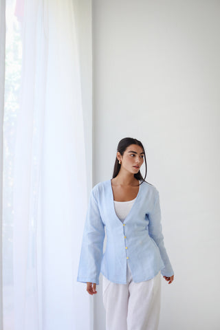 Waistline Linen Top - Baby Blue