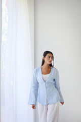 Waistline Linen Top - Baby Blue