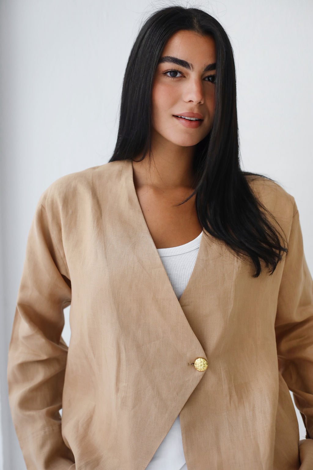 Golden Touch Linen Top - Camel