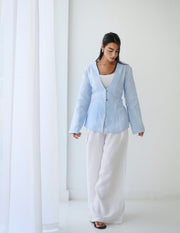 Waistline Linen Top - Baby Blue