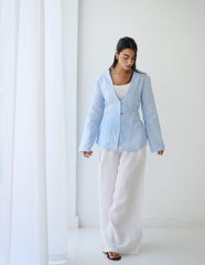 Waistline Linen Top - Baby Blue
